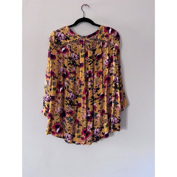 ODDY Women's Multicolor Yellow Floral Boho Hi-Low Baby Doll Top Sz L Oversized - Picture 2 of 8